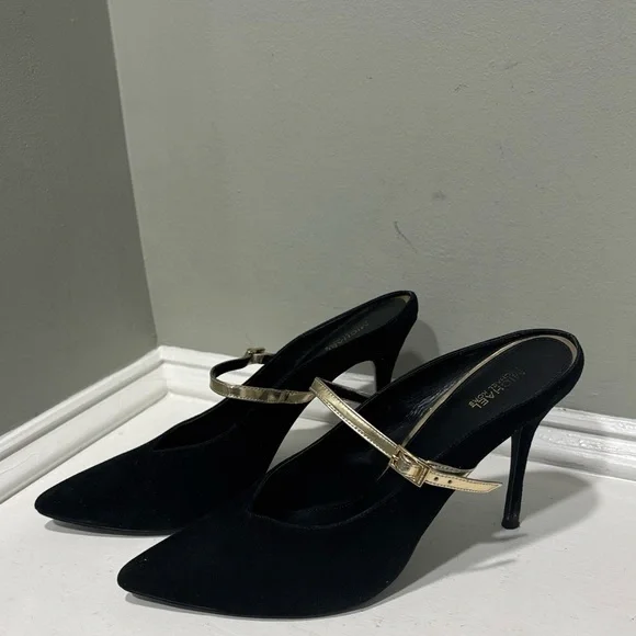 Michael Kors Black Suede Mule Heels with Gold Straps-size 11 - Picture 4 of 9